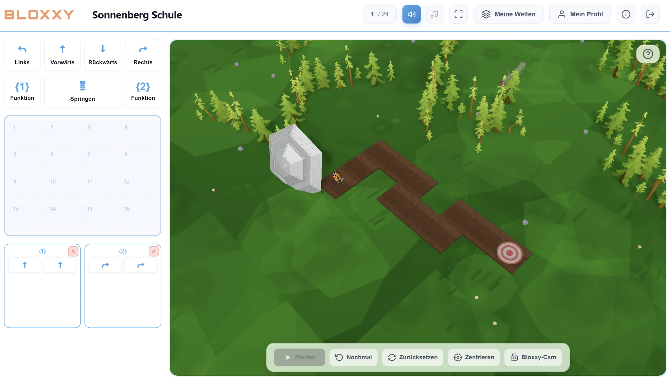 BLOXXY Hauptansicht - Roboter auf dem Spielfeld mit Programmier-Befehlen