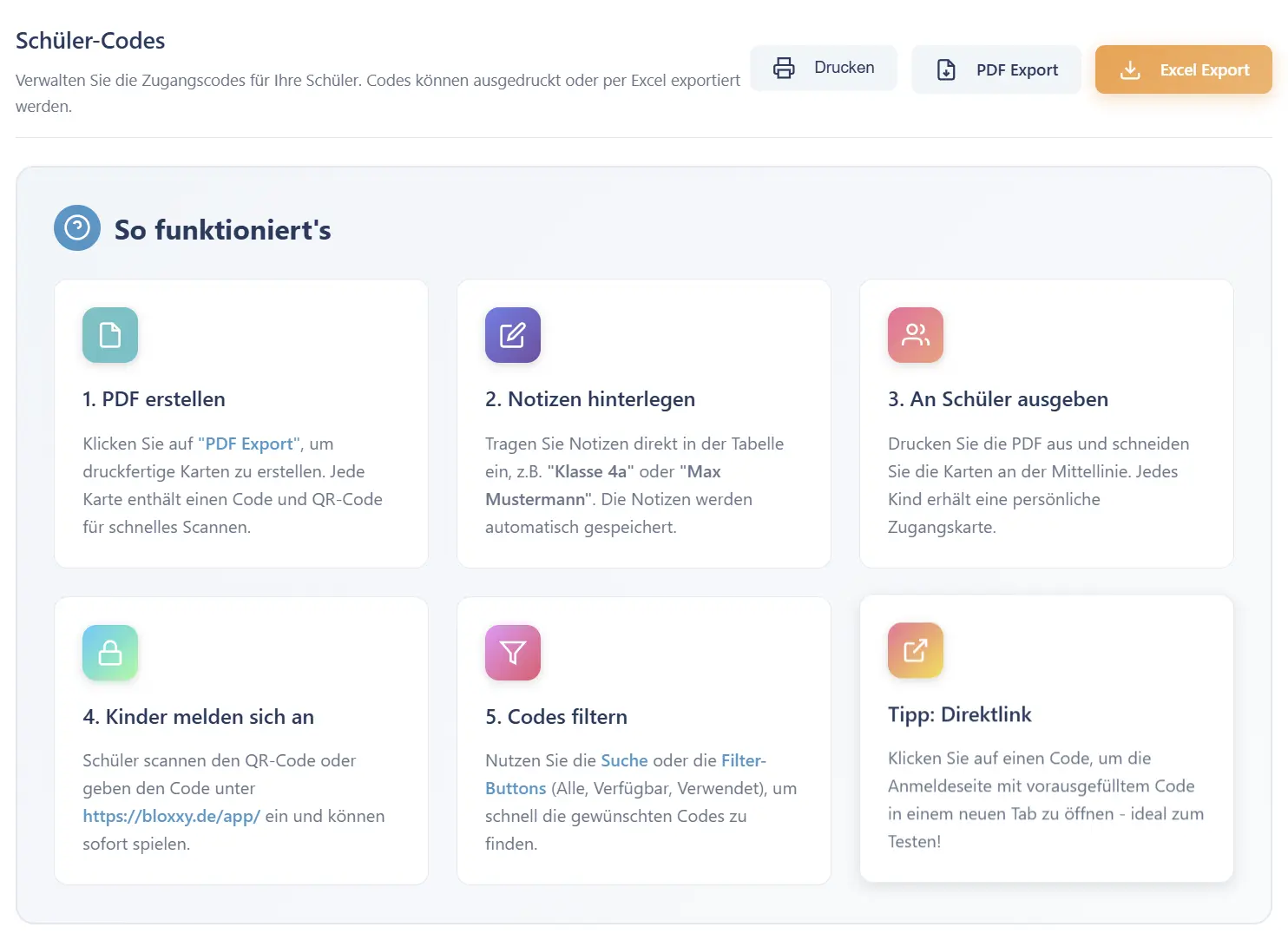 BLOXXY Schüler-Code Erklärung - QR-Code Anmeldung für Kinder